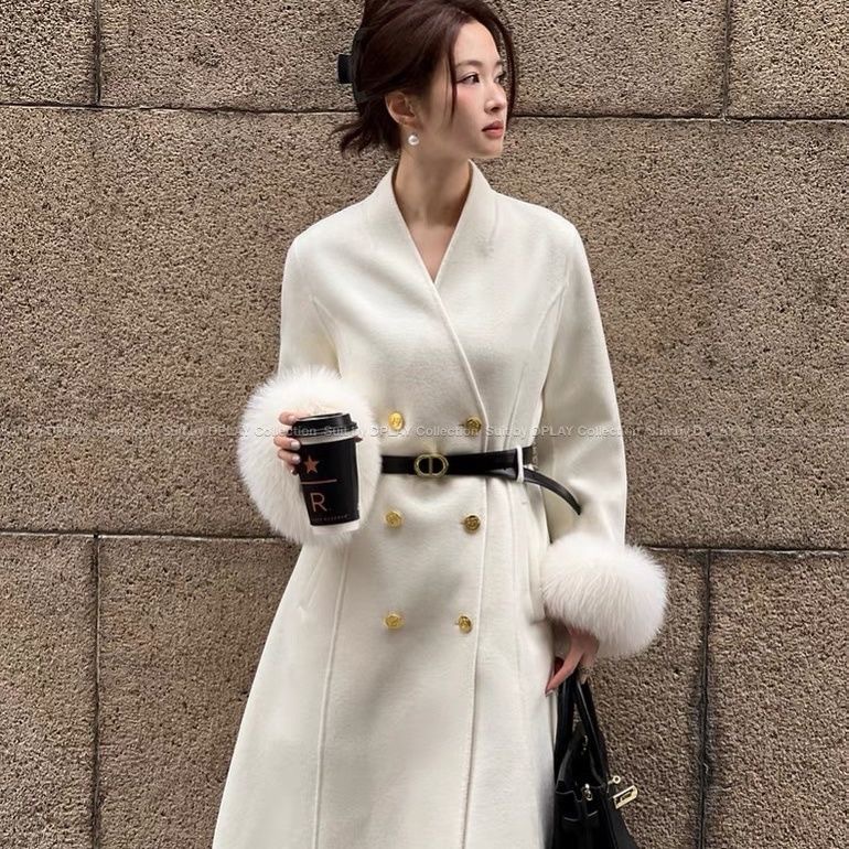 Fox Fur Double-Sided Wool Coat, Extra-Long Double-Breasted, Elegant Slim-Fit Belted Woolen Coat, 2025 New Model