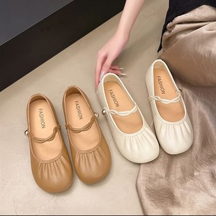 Explosions Mary Jane Doudou 2025 Spring and Summer New Flat Pleated Granny Shallow Mouth Gentle Shoes Fairy