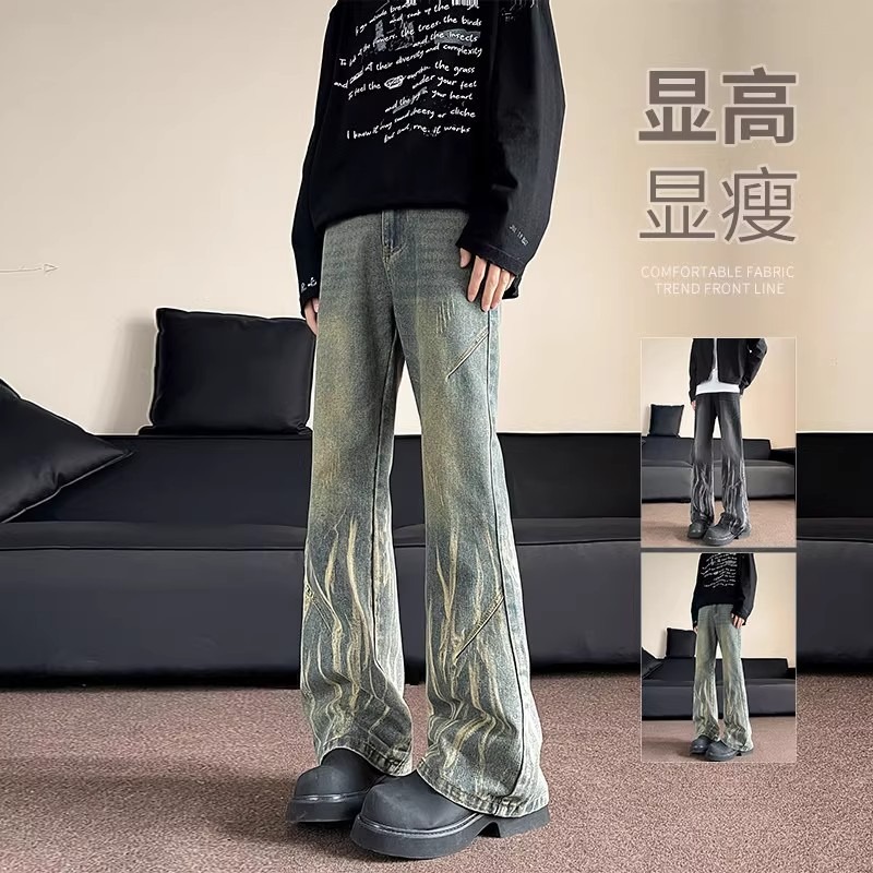 Mud amarillo teñido de lavado con espiga jeans hombre estilo americano delgado microbolar estrecho piso de cintura alta pantalones de cemento