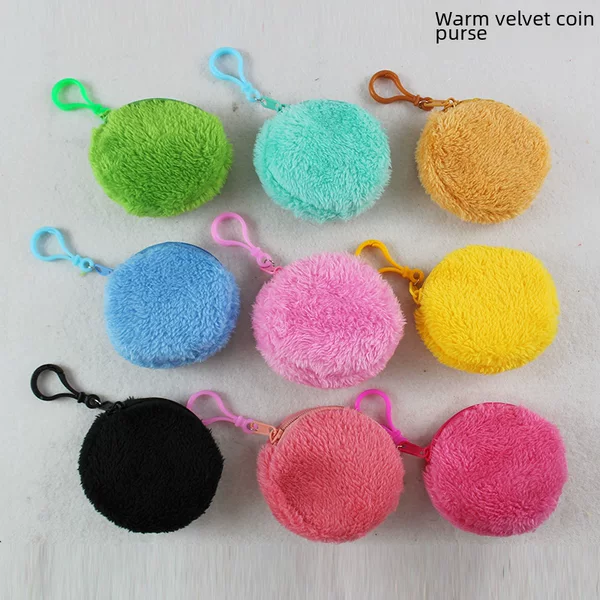 Wholesale 8cm warm velvet candy color coin purse round key coin storage small wallet long hair backpack ornaments