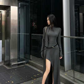 韩版灰色飘带长袖连衣裙女秋冬气质修身长裙开叉收腰显瘦包臀裙子