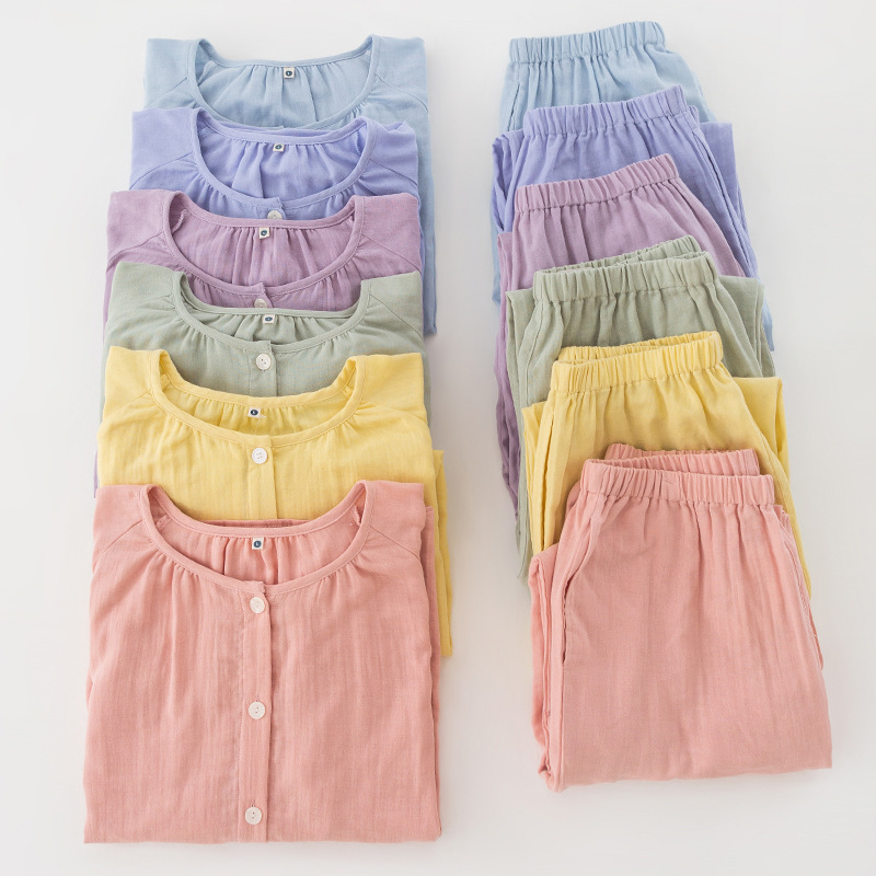 Solid Color Pajamas for Women, All-Cotton, Spring and Autumn, Color-Blocked, Double-Layer Gauze, Pure Cotton, Summer, 100% Korean Style, Loose Fit, Plus Size