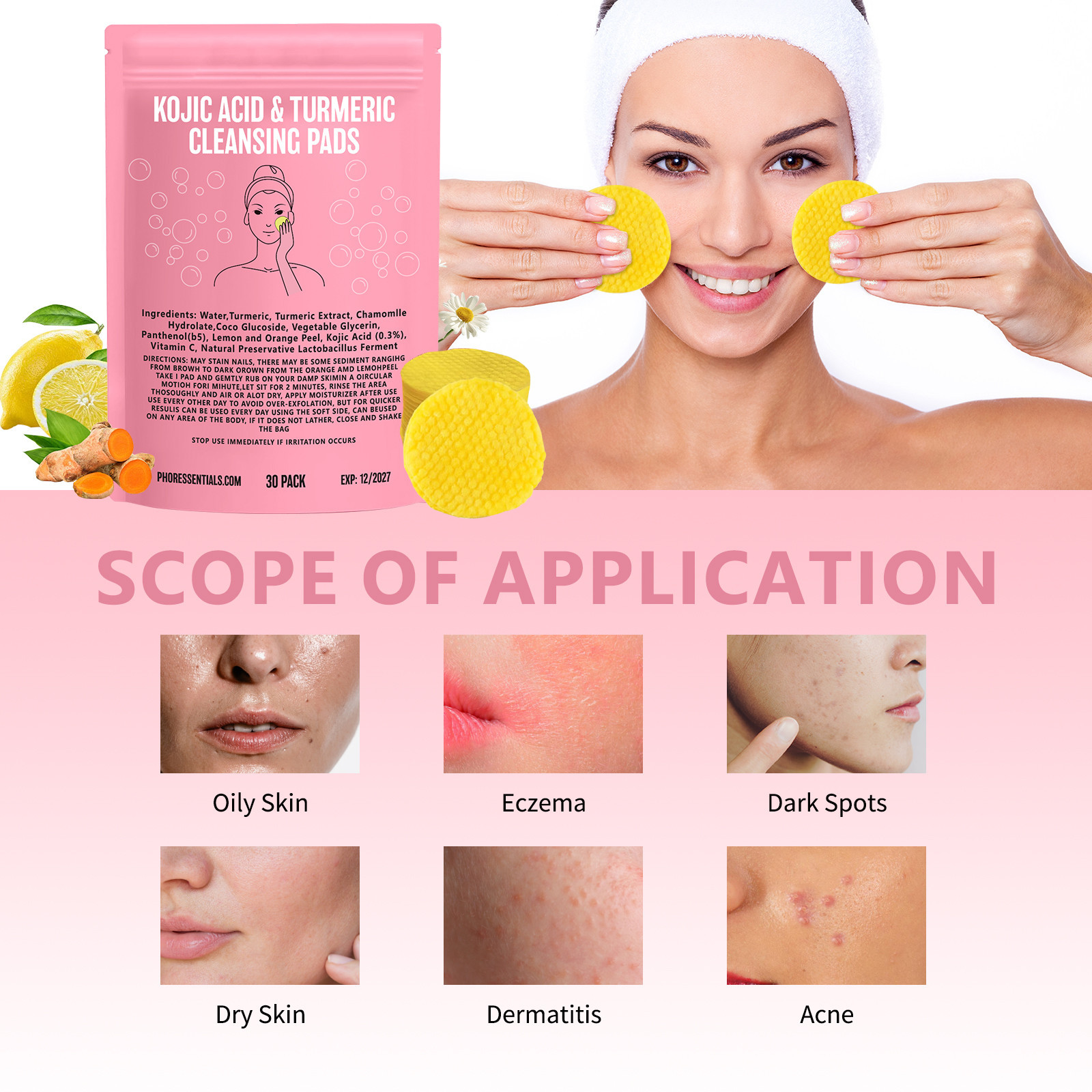 Turmeric, kojic acid, vitamin C and chamomile skincare pads