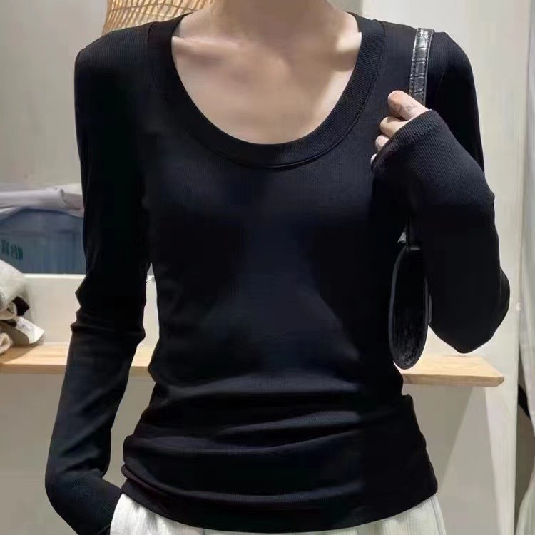 (2개) DAIXI 라운드 넥 온열 캐시미어 플러스 벨벳 긴팔 탑, 가슴 패드, 슬림하고 다양한 가을, 겨울 여성용 바닥 열 속옷