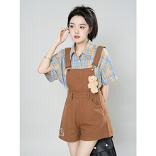 复古俏皮宽松格子衬衫+遮肉学院风设计感背带裤可爱减龄制服套装