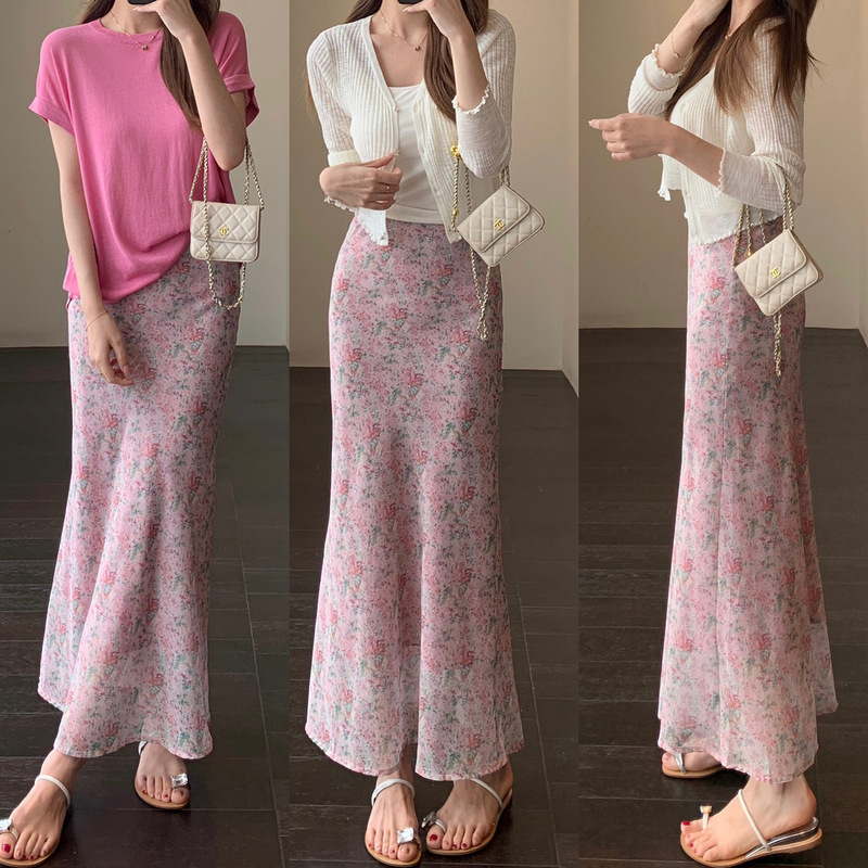 Spring Is Not Late ◆ Girly, Elegant and Romantic High-Waisted Slimming Fishtail Long Skirt with Print, New Spring and Summer Style for Women.