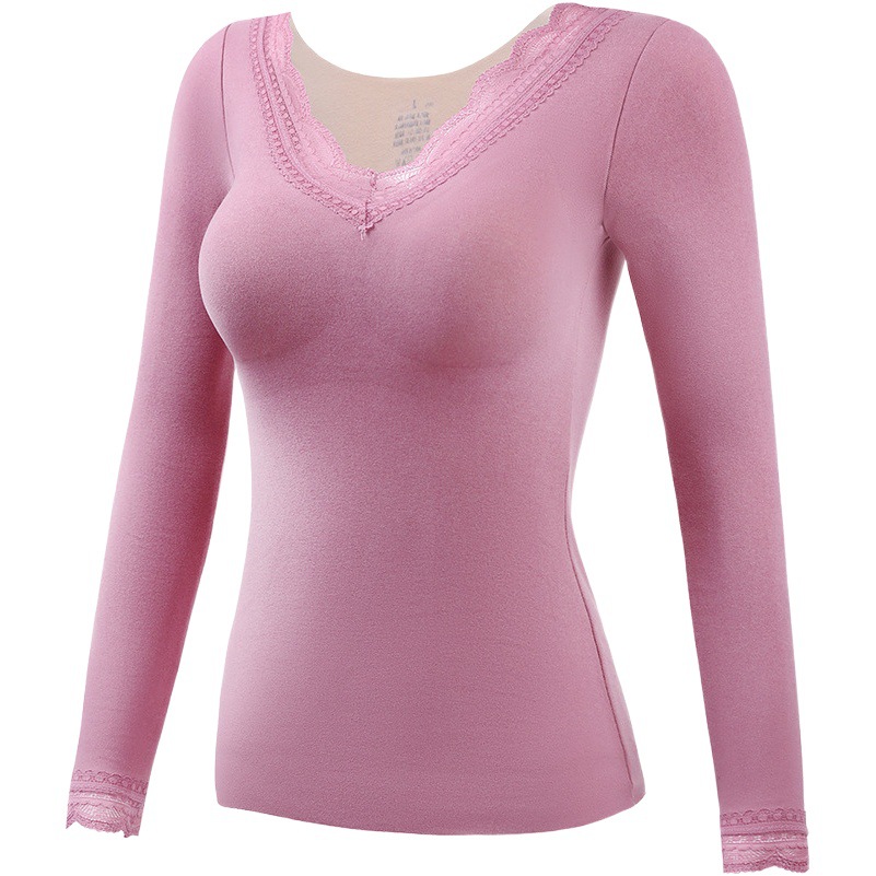 Otoño e invierno Calefacción de terciopelo ropa interior térmica de manga larga de doble cara de las mujeres cepillado encaje sin costuras de fondo superior térmica de manga larga