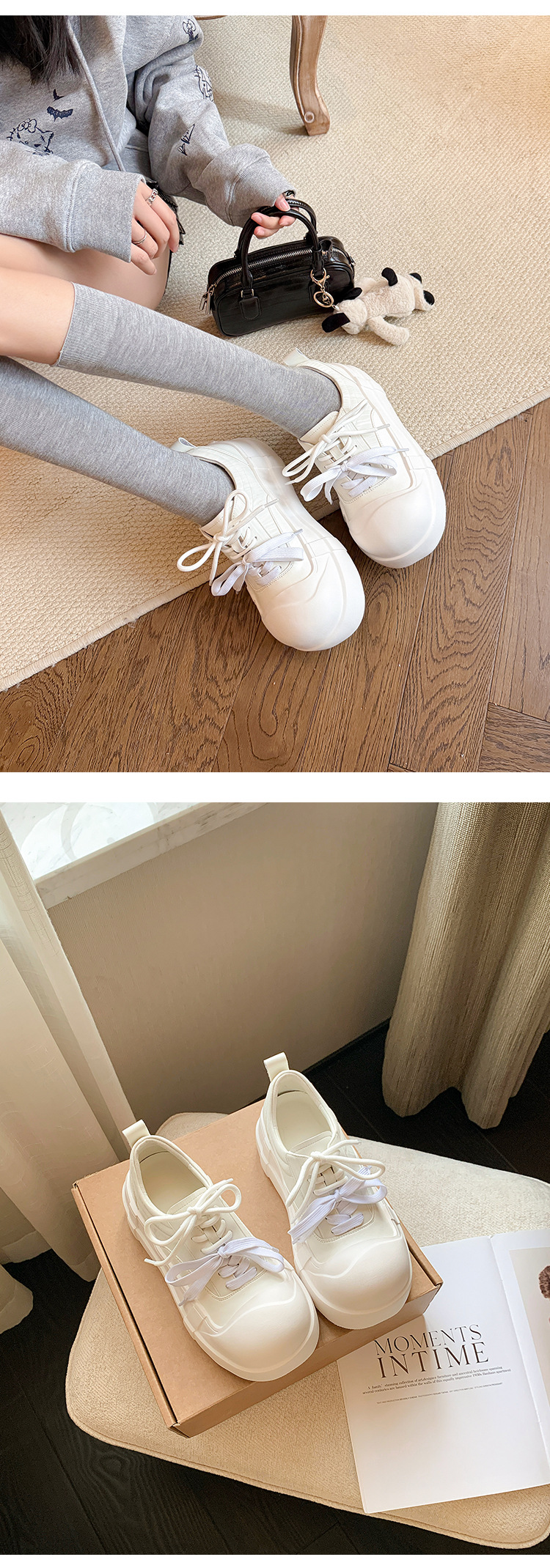 Giày sneaker nữ chunky đế dày mũi tròn phối màu dây buộc cổ sâu — màu trắng, màu đỏ chi tiết 17