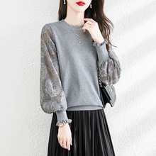 2025春秋新款时尚蕾丝镂空拼接长袖简约针织衫女圆领百搭减龄上衣