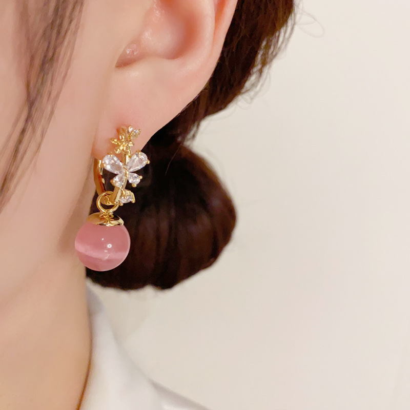 Fashion Gold Copper Inlaid Zirconium Flower Cat Eye Hoop Earrings