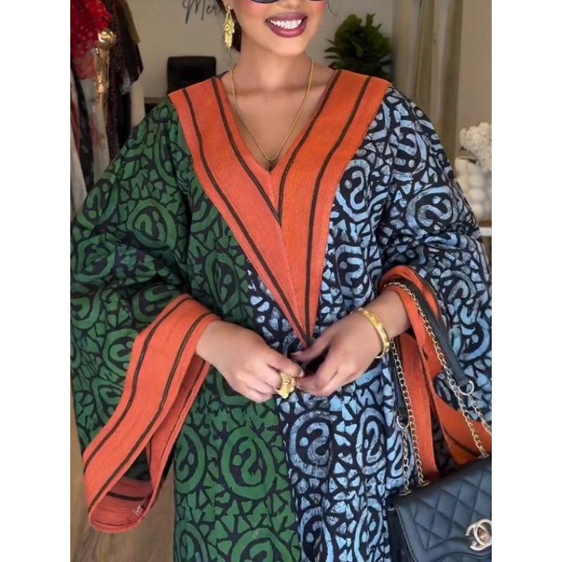 Temu2025 Cross-Border European and American Personalized Trendyy Long-Sleeved Women's V Neck Digital Printing Contrasting Color Long Dress