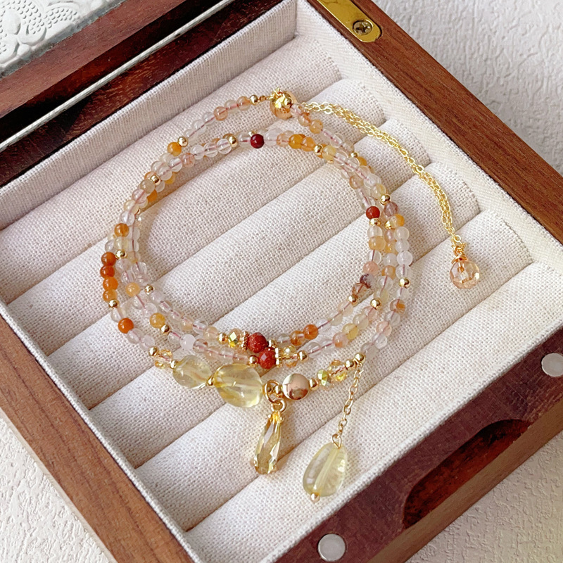 Natural Crystal Jewelry Multi-Layer Caramel Yellow Rabbit Hair Citrine Hair Crystal Three-Circle Bracelet Bracelet Wholesale