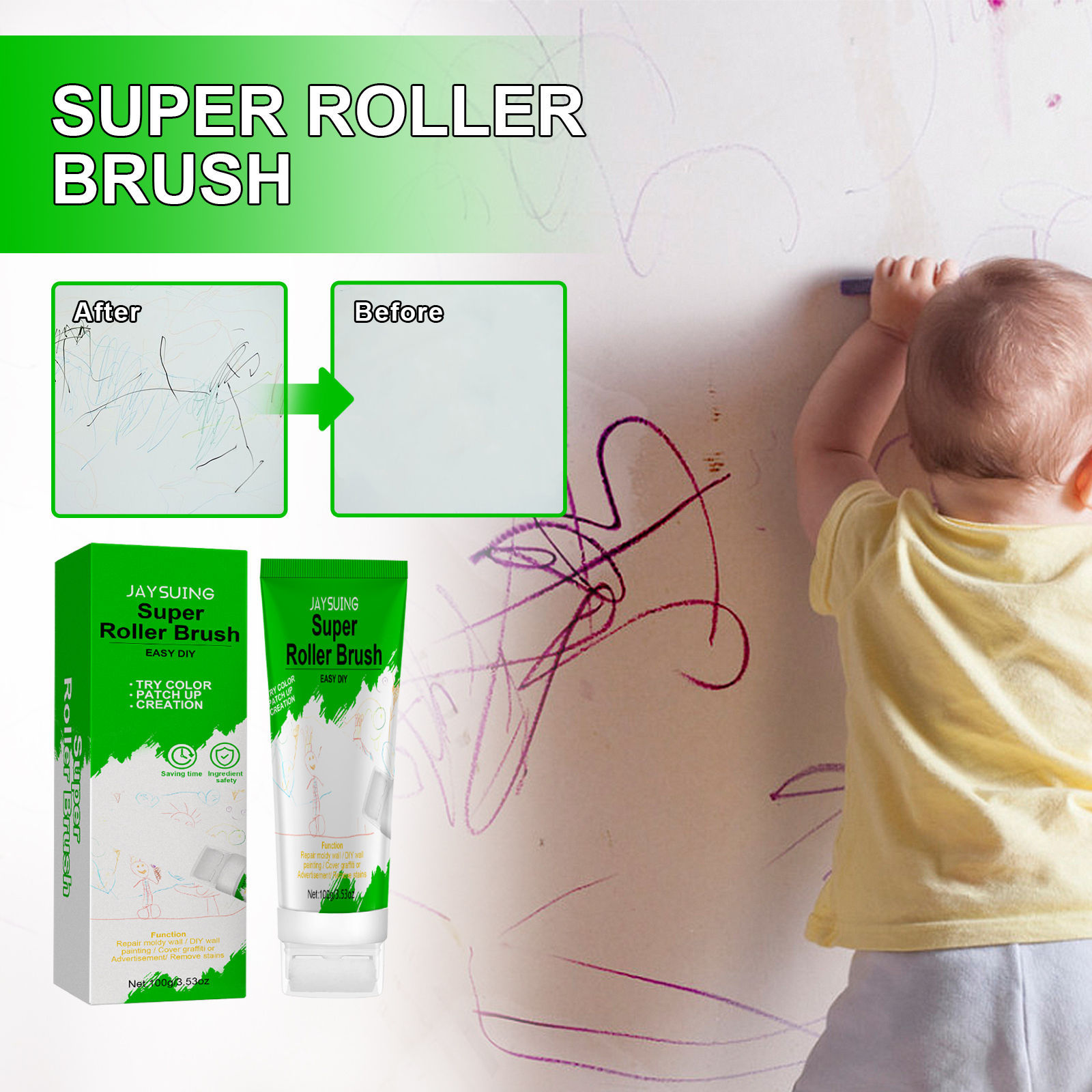 Jaysuing滚刷补墙膏 家用墙面遮盖污渍涂鸦裂缝修补养护翻新膏