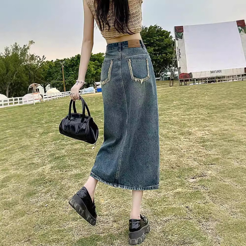 レトロスリットデニムスカート女性用夏薄手2025新作ハイウエスト痩身ミッドレングスAラインヒップスカート|undefined