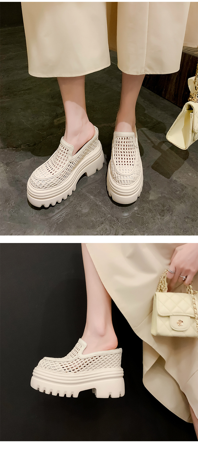 Dép lê bít mũi đế xuồng cao gót 12cm lưới thoáng khí — Màu trắng be 15cm, Màu bạc 10cm, Màu trắng be 10cm, Màu bạc 12cm chi tiết 23