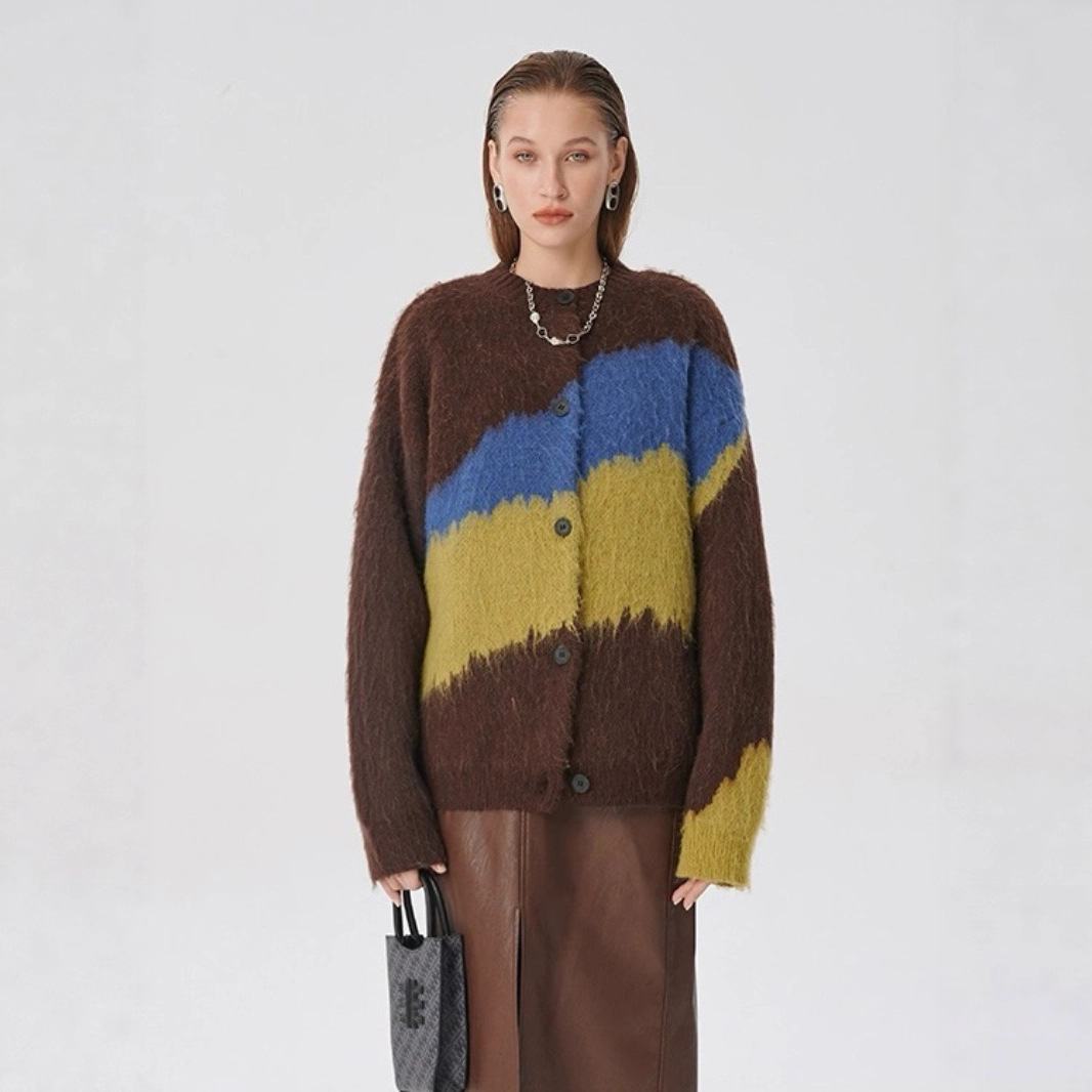 复古拼色 针织开衫毛衣女2025年冬季新款宽松显瘦复古慵懒上衣女