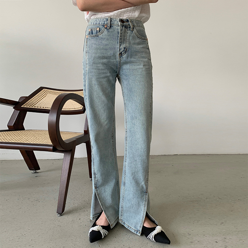  Song Ming: Open-Cut Jeans Women 2021 Summer New High-Waisted Thin 泫 Elegant Wind Broad-Legged Flared Pants R081H