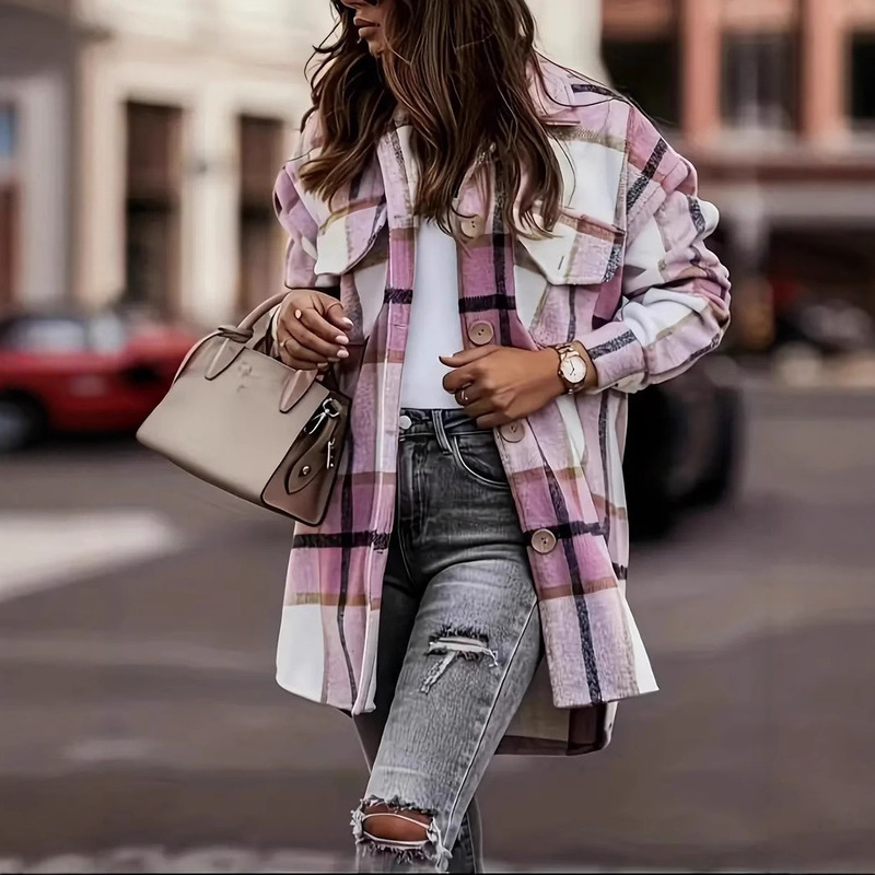 2024 European and American Cross-border Autumn and Winter Ladies Amazon New Plaid Striped Pocket Woolen Single-breasted Coat Windbreaker