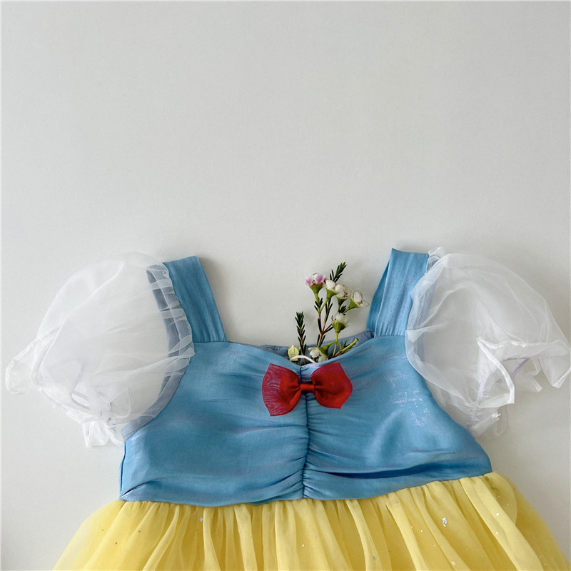 [Exempt de posta] niñas arco vestido de princesa para niños de manga corta empalmado vestido de verano niñas de verano nuevos productos