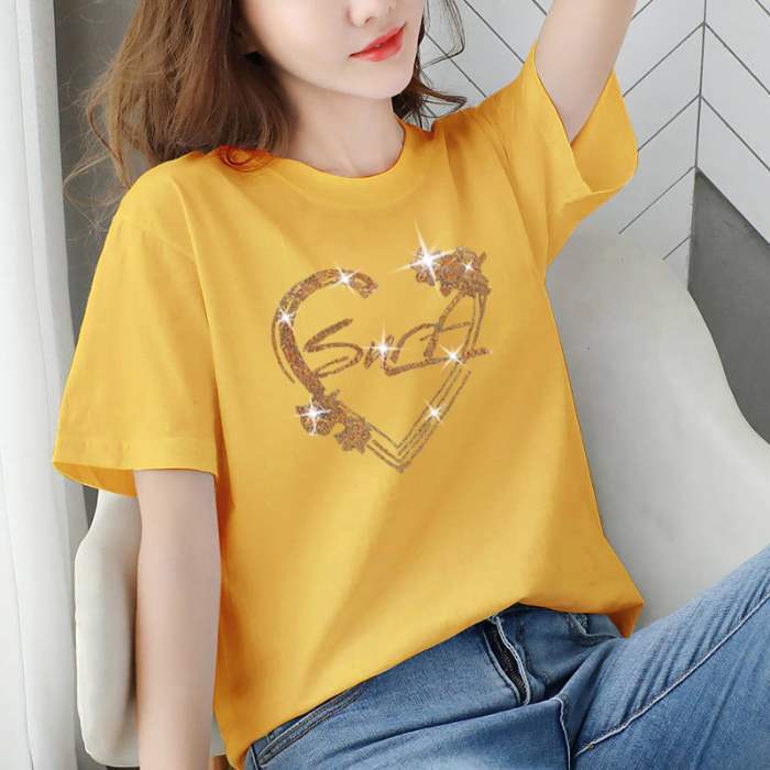 888 # プラスサイズの女性の夏の新しい韓国スタイルのスリムなTシャツ、女性用、ゆったり、多用途、ファッショナブルなダイヤモンドがちりばめられた半袖トップス、トレンディです。|undefined