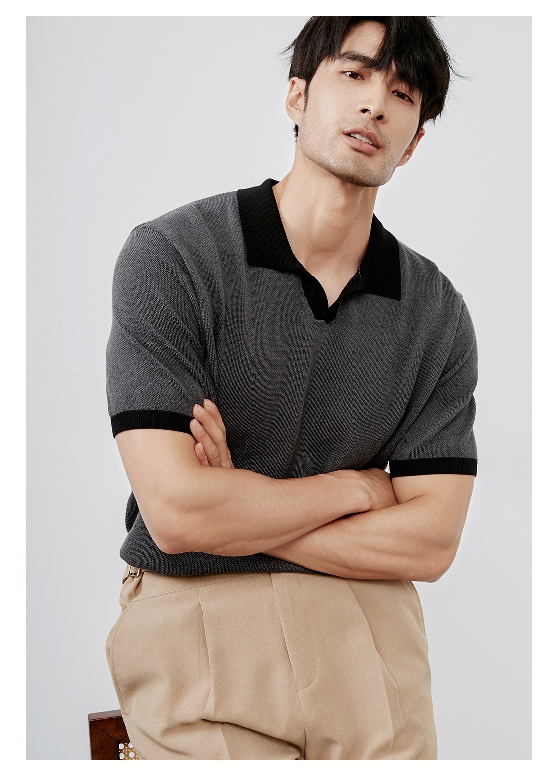 Men's Casual Polo Shirt British Retro High End Lapel Knitted Short Sleeve T-Shirt Breathable Slim Fit Business Top_viptrois.com