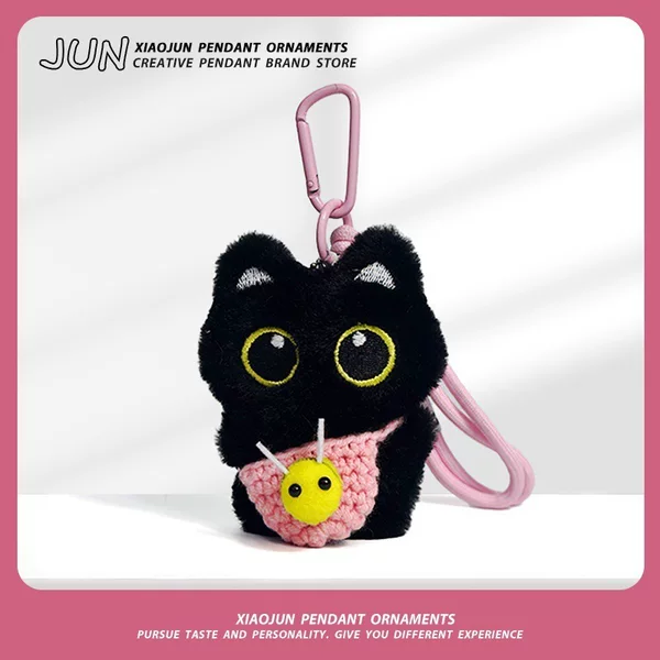 Super Cute Little Black Cat Pendant, Personalized and Adorable Plush Toy, Handmade Woven Lanyard, Multi-Color Gift for Good Friends