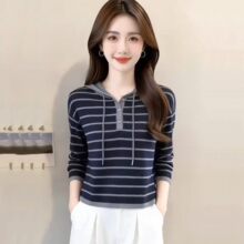 仅用于产品展示勿拍-条纹连帽针织衫卫衣女早春宽松高级感小个子