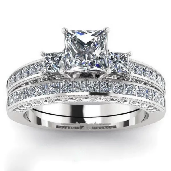Temu Cross-Border Hot-Selling New Luxury Micro-Inlaid Zircon Ring Set, European and American Women's Fashion Wedding Ring Set, Direct Sales from the Manufacturer