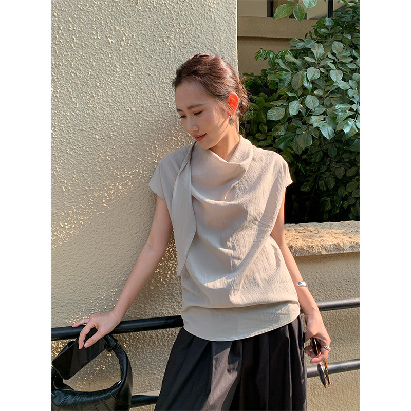 Wanwei French Pile Collar Sleeveless Top for Women 2025 Summer New Style Flying Sleeve Ribbon Chic Shirt P3071