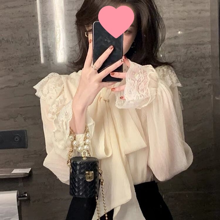 春秋女装新款蝴蝶结衬衫设计感小众系带蕾丝拼接别致雪纺衫|undefined