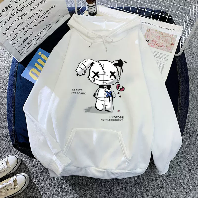 跨境新款加绒连帽卫衣女款春秋新款大码宽松长袖卡通兔子印花上衣