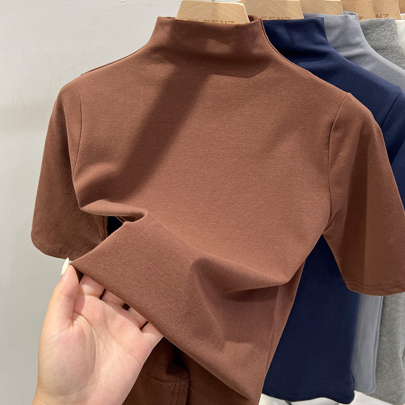 Camiseta legging de cuello medio alto para mujeres 2025 primavera nueva moda exterior delgada camiseta interior se puede usar camisa de manga corta