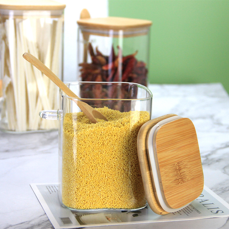 Botella de condimento de estilo japonés cocina frasco de almacenamiento de alimentos frasco cuadrado de vidrio sellado frasco de almacenamiento de granos de café doméstico con cuchara de madera