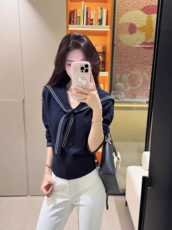 学院风海军领修身减龄针织长袖女2025秋季新款慵懒风披肩小上衣|undefined