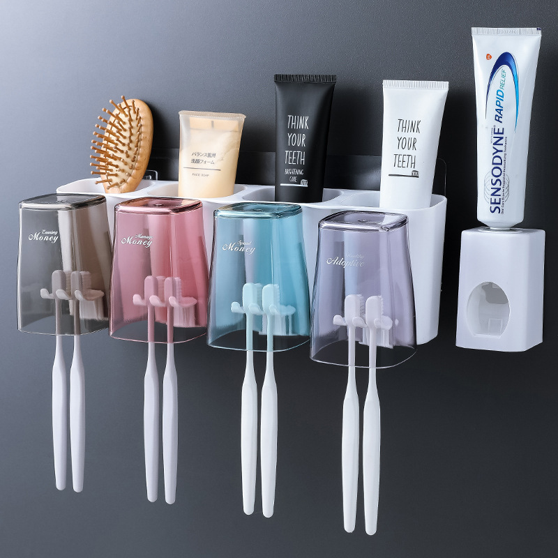 칫솔걸이, 구멍없는 구강청결제 컵, 양치컵, 벽걸이형 욕실 벽걸이형 수납함, 칫솔세트
