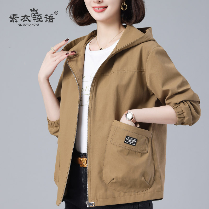 休闲大码宽松连帽女士短外套2025春秋新款中老年妈妈装减龄夹克|undefined