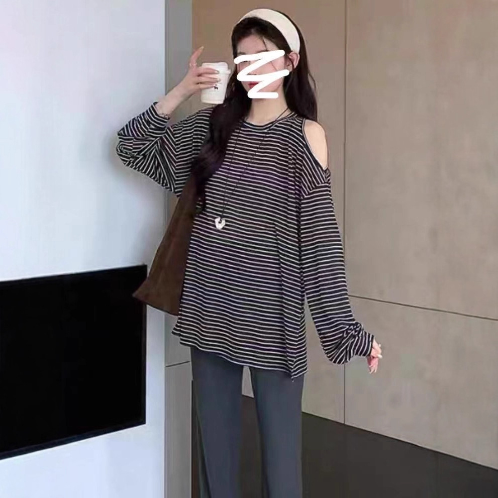 慵懒设计露肩条纹长袖t恤女早秋2025新款宽松显瘦中长款开叉上衣