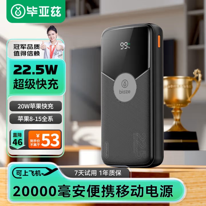 Biaz Digital Display Power Bank 20000 Mah 22.5W Super Fast Charging Pd Compatible with 18W Large Capacity Power Supply