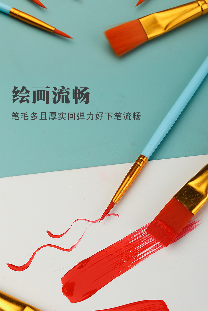 跨境10支塑料杆画笔刷套装珠光蓝彩色套装尼龙毛勾线笔水粉油画笔详情8