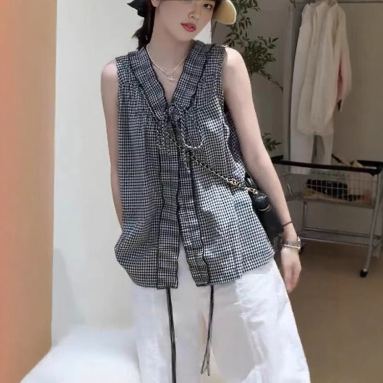Plaid V Neck Vest Shirt for Women 2025 New Summer Design Front and Back Two-Wear Sleeveless Women's Top Shirt