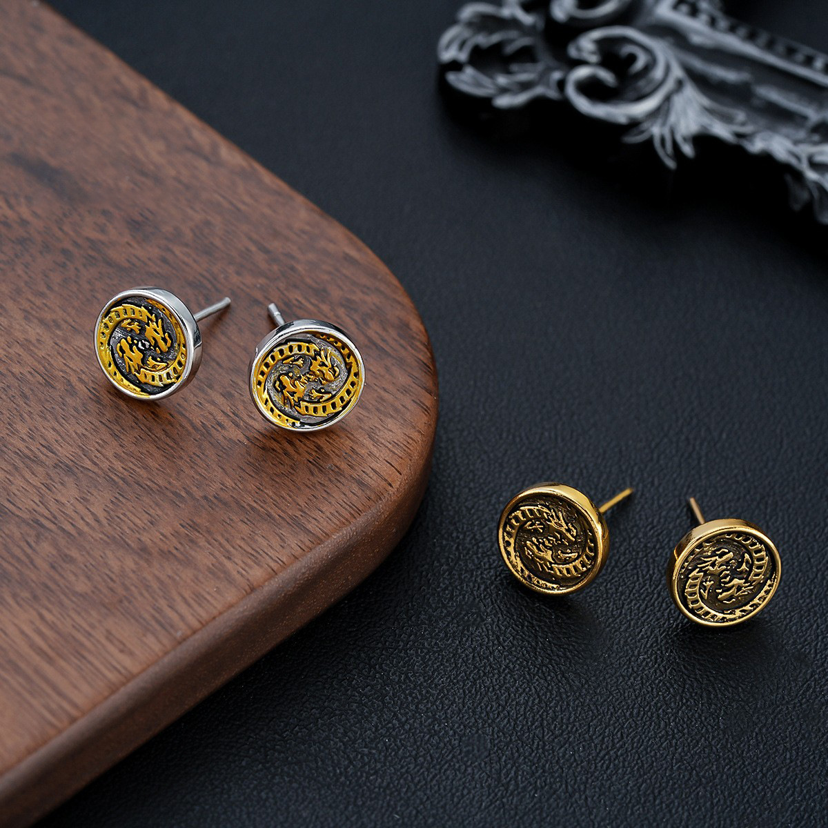 复古双龙耳钉男款时尚潮流痞帅个性设计耳饰女高级感百搭饰品批发