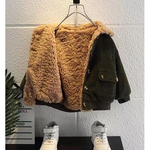 Boy's Corduroy Jacket  New Trendy Baby Thick Collarless Coat Winter Warm Fleece Top Children's Cotton Jacket