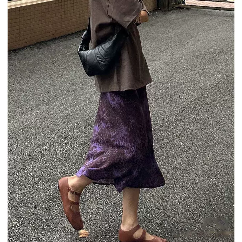 四媛 19姆米重磅真丝高腰鱼尾半身裙夏复古紫色豹纹半身长裙8956