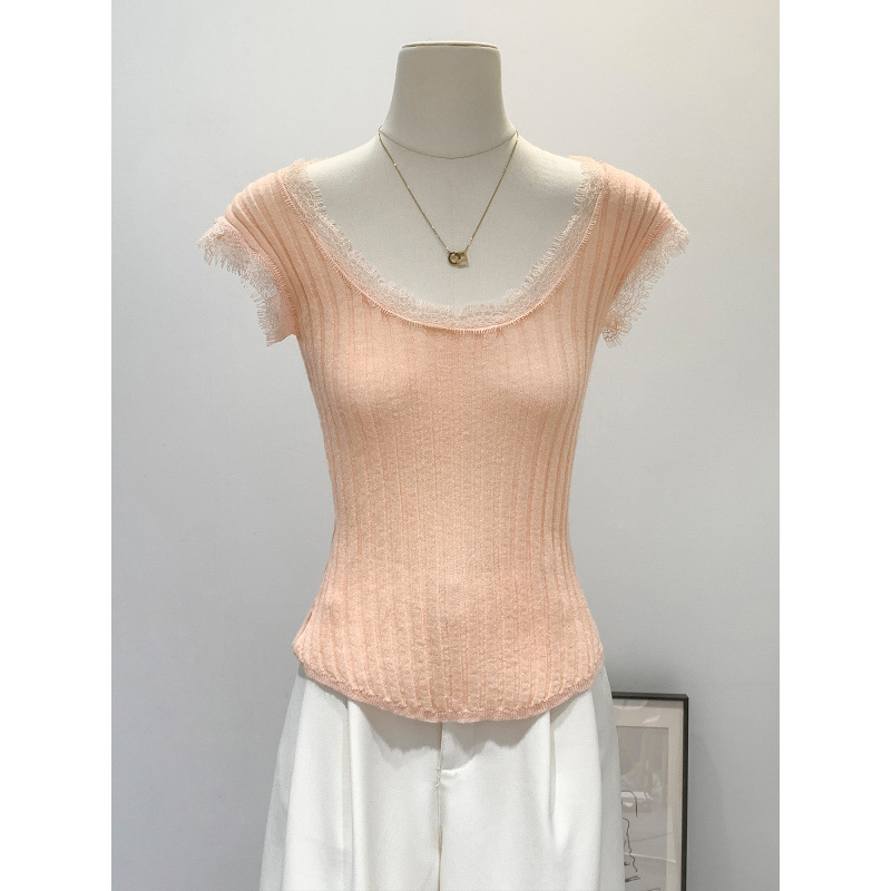 [In-Stock Hot Item] Sweet Style Slim-Fit Lace Trim V-Neck Ribbed Knit T-Shirt 2026 Thin Top
