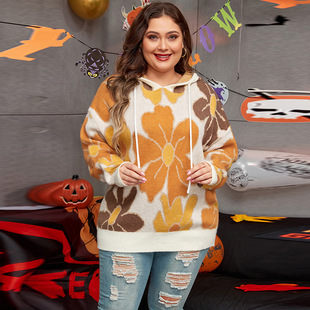 Winter New Loose Large Size Floral Print Sweater for Women 2025 European and American Fashion Color Matching Hooded Pullover for Women