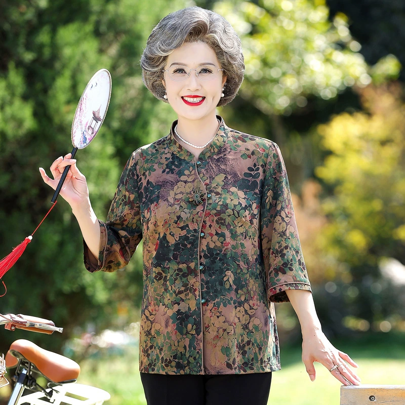 Пожилые люди летнее платье бабушки платье рубашка старая леди ретро пряжка пожилая рубашка мама Тан платье цветочный топ