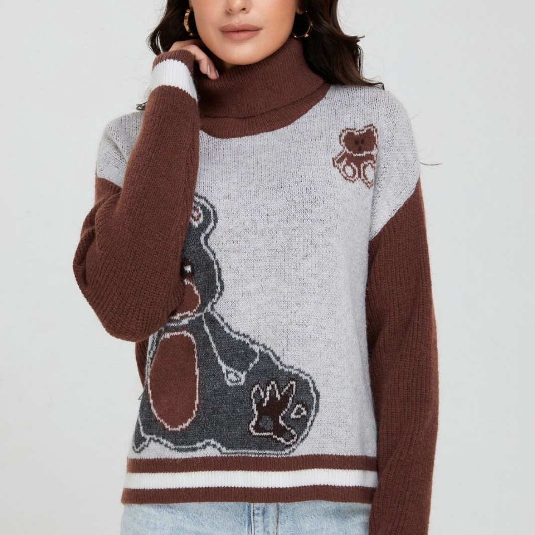 Women's Clothing New Knitted Retro Contrast Color Jacquard Cartoon Bear Pattern Turtleneck Sweater Long Sleeve Top_voghion.com
