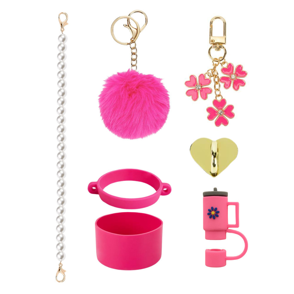 7pcs taza Stanley cuerda de mano colgante de silicona flor tapa de pajita bola de felpa colgante de copa cadena de taza de color