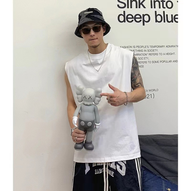 300g de algodón pesado chaleco sin mangas de verano nuevo hombro camiseta deportiva de color sólido para hombres de moda chaqueta suelta