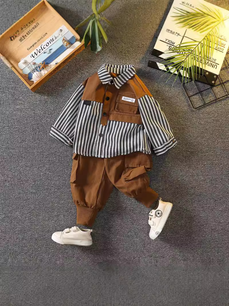 Conjunto de Sudadera a Rayas para Niños 6096, Estilo Primavera-Otoño 2026, Ropa Infantil de Moda, Conjunto de Dos Piezas para Bebés